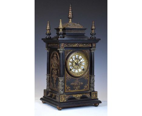 Late 19th Century ebonised mantel clock, 3.75-inch cellular Roman dial, associated Ansonia two-train spring-driven movement s