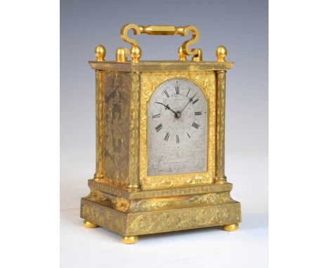 Unusual mid 19th Century English engraved gilt brass single-fusee carriage clock, circa 1840, having a silvered 2-inch arched