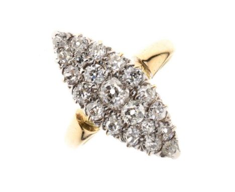 Diamond marquise cluster ring, stamped ‘18ct’, the twenty-one old brilliant cuts totalling approximately 1.8 carats estimated