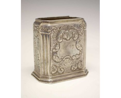 Queen Anne silver tea caddy base of canted oblong form with later chinoiserie and rococo decoration, sponsors mark of Thomas 