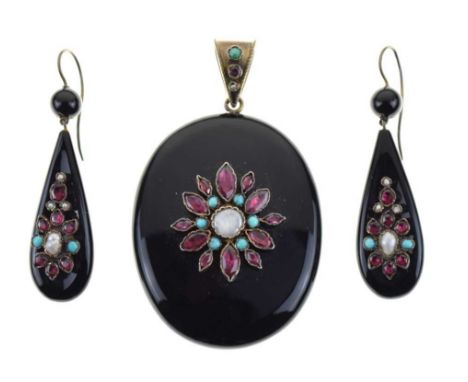 Victorian black enamel and gem set oval pendant, with locket back, with a pair of similar drop earrings, in original case, pe
