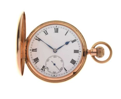 9ct gold hunter cased pocket watch, the white enamel dial (unsigned) with black Roman numerals, sunken subsidiary seconds dia