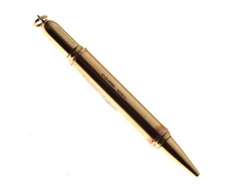 George V 9ct gold retractable pencil of bullet shaped design on swivel suspension loop, sponsors mark of Asprey &amp; Co Ltd,