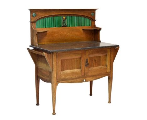 Arts and Crafts influence oak marble topped washstand, the tiled splash back with inset copper mounted Ruskin style cabochons