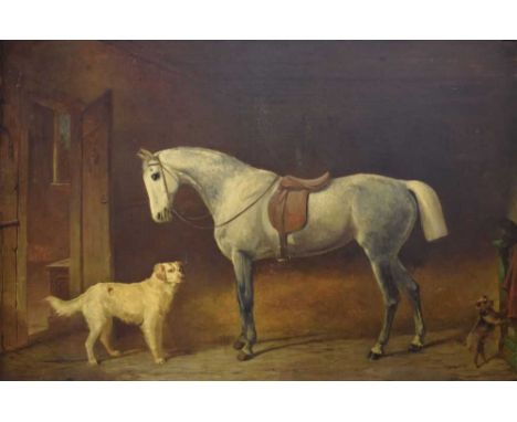Attributed to James Loder of Bath, (1784-1860) - Oil on canvas - a saddled grey hackney horse and two dogs in a stable, label