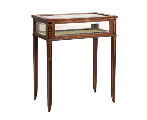 Sheraton Revival inlaid mahogany bijouterie or vitrine table, the hinged top with bevelled glass inset, raised on tapering sq