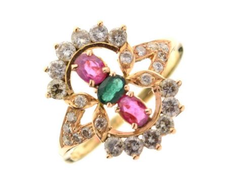 Diamond, ruby and emerald dress ring, partial '18ct' mark, the central emerald with a ruby above and below, with an arch of b