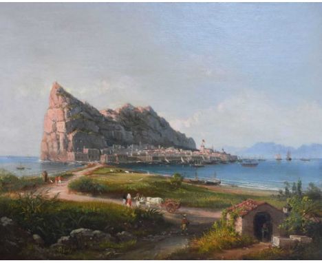 19th Century School - Oil on canvas - Gibraltar, seen from the Spanish shore, unsigned, 51cm x 64cm, in gilt frameCondition r