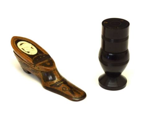 Treen and pique work snuff shoe, the hinged cover with staghorn portrait plaque, 13.5cm long, together with treen pounce pot,