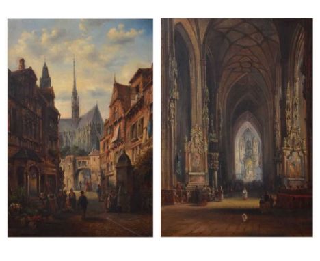 Felice August Rezia, (fl. 1857-1907) - Pair of Continental oil paintings on canvas - Townscape with figures, old city gate an