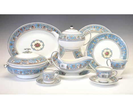 Extensive unused Wedgwood 'Turquoise Florentine' pattern tea and dinner service, for twelve settings, comprising teapot, sucr