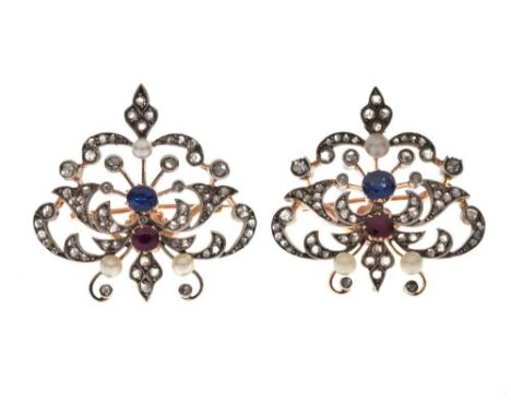 Pair of diamond, pearl, ruby and sapphire set brooches, each with detachable fittings, three pearls (untested and unwarranted