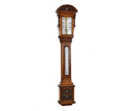 Fine quality late Victorian carved oak stick barometer, Wood (late Abraham), 17 &amp; 20 Lord St., Liverpool, with arched ped