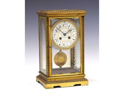 Early 20th Century French brass-cased four-glass mantel clock, Samuel Marti, with 4.25-inch cellular Arabic dial, two-train m