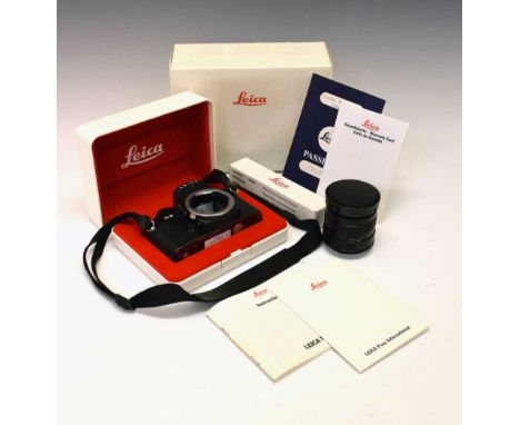 Leica R6 SLR camera, No. 1762962, purchased 1990, with carry strap, instruction booklet, warranty card, Leica Pass Internatio