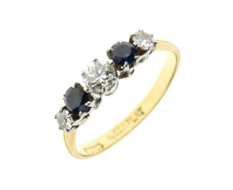 Graduated five stone diamond and sapphire ring, stamped ‘18ct &amp; Plat’, size Q, 2.9g gross, in a Cartier ring boxCondition