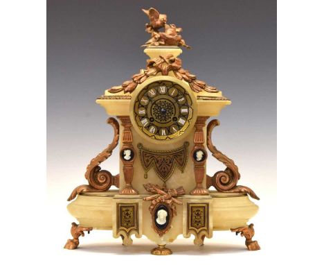 Late 19th Century French alabaster mantel clock, 3.25-inch cellular Roman dial with rosette centre, two-train movement striki