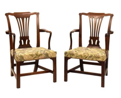 Pair of 19th Century mahogany 'Country Chippendale-style elbow chairs or 'carvers', each with scroll terminals to top rail ov