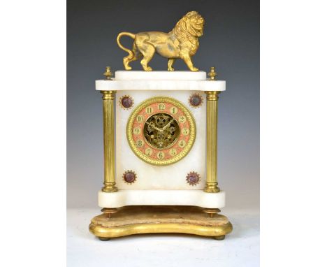 Late 19th Century alabaster mantel clock, 3.75-inch pink cellular Arabic chapter ring framing partially exposed timepiece mov