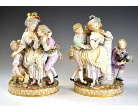 Pair of late 19th century Meissen porcelain groups after J C Schonheit, The Noble Decision, modelled as a lady being courted 