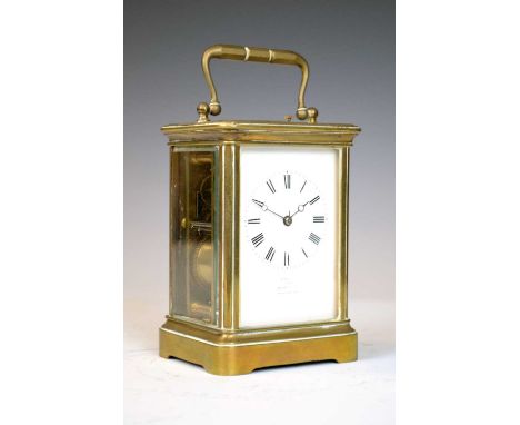 19th Century brass repeater carriage clock, the white Roman dial inscribed N'. Mayer Clock Maker, 21 Cross St., Manchester', 