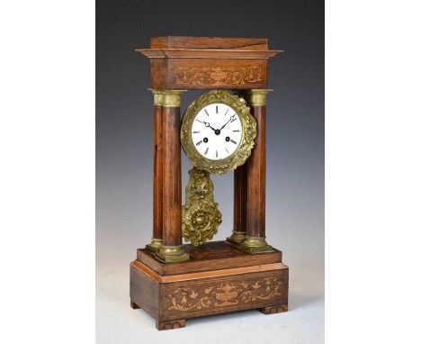 Late 19th Century French inlaid rosewood portico clock, anonymous, having 3.5-inch Roman dial with moon hands, cast surround,