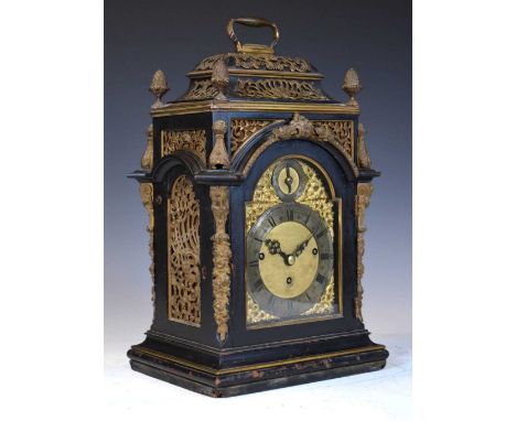 19th Century ebonised chiming bracket or table clock, 6-inch arched brass dial with silver chapter ring inscribed 'Thos. Gamm