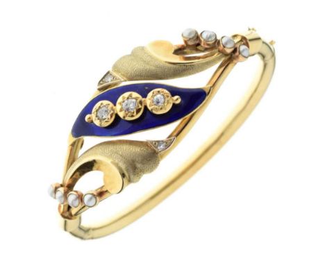 Diamond, split pearl and enamel hinged bangle, the three old brilliant cuts set against a blue enamel ground, flanked by leaf