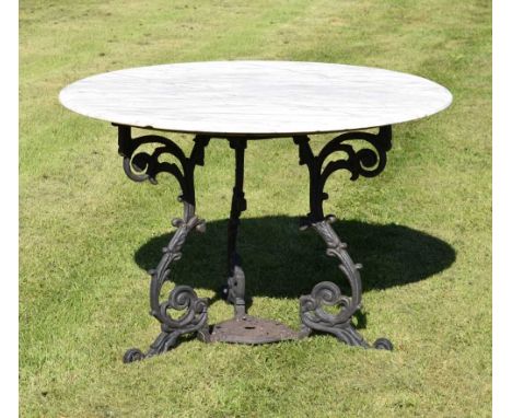 19th Century style cast iron and marble garden table, the foliate scroll base united by shaped pierced stretcher cast with he