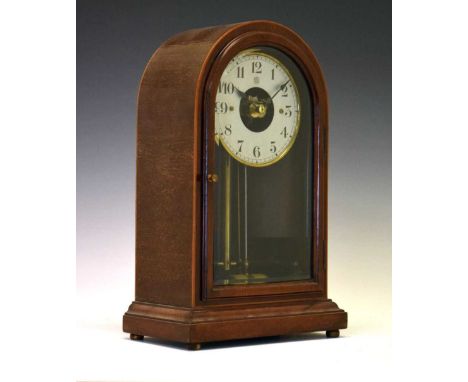Early 20th Century mahogany-cased Bulle electric clock, 4.5-inch silvered Arabic chapter ring, in boxwood-strung arched base 