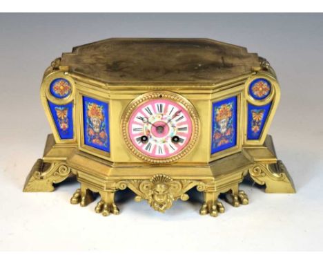 19th Century French brass, enamel and porcelain mantel clock, Samuel Marti &amp; Cie, having 3-inch cellular Roman porcelain 
