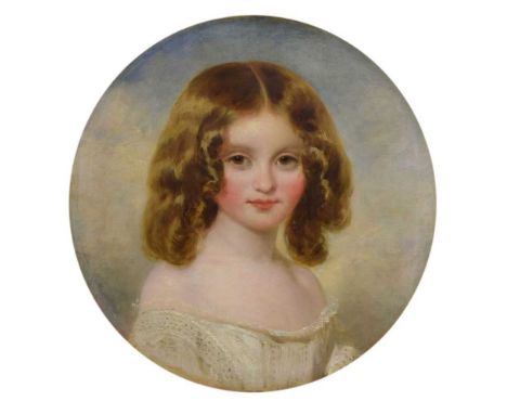 Follower of Sir Thomas Lawrence, mid 19th Century - Portrait of a young girl, circular (tondo), with parted blonde hair, 41cm