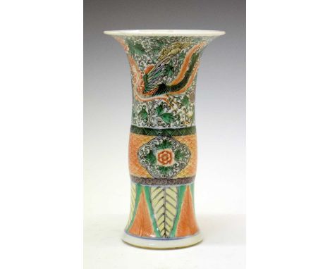 Chinese porcelain Gu vase, decorated in green, orange, yellow and blue enamel colours with Ho-ho birds amidst foliate scrollw