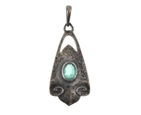 Art Nouveau silver pendant, by W.H. Haseler, probably to a design for Liberty &amp; Co, set with an oval cut green paste garn