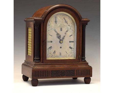 Early 20th Century mahogany-cased triple-fusee chiming bracket clock, 6-inch arched silvered Roman dial with subsidiary Chime