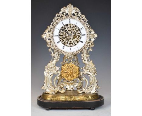 Unusual 19th Century silvered skeleton clock, the 5-inch Roman chapter ring inscribed 'Roi a Paris', two-train silk-supension