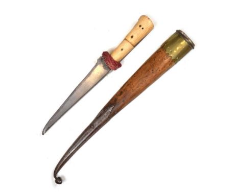 19th Century Afghan Bichaq, a straight shortened blade 17.5cm, round grips of Walrus ivory in four pieces in its wooden scabb