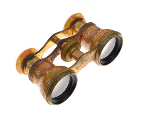 Pair of late 19th Century enamel opera glasses, E. L. Pilcher, Liverpool, having amber-effect eyepieces, lacquered brass furn