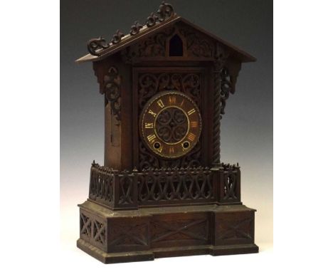 Late 19th Century 'Black Forest' cuckoo mantel clock, with 5-inch gothic Roman dial, two-train wire gong-striking movement, b