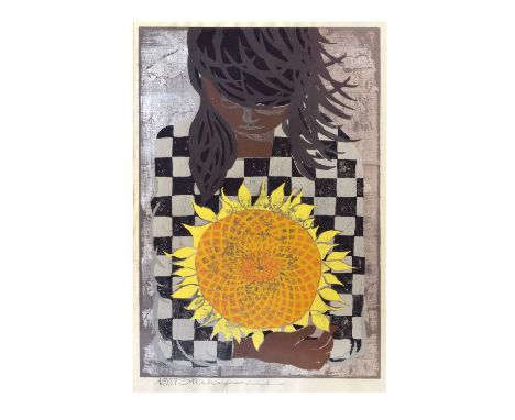 Tadashi Nakayama (1927-2014) - Coloured woodblock print - ‘Holding a Sunflower’, signed and dated 1957, 64.5cm x 40cm, framed