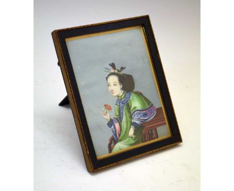 19th century Chinese watercolour on rice paper, half-length portrait of a young noblewoman, 12.8cm x 10.3cm, framed and glaze