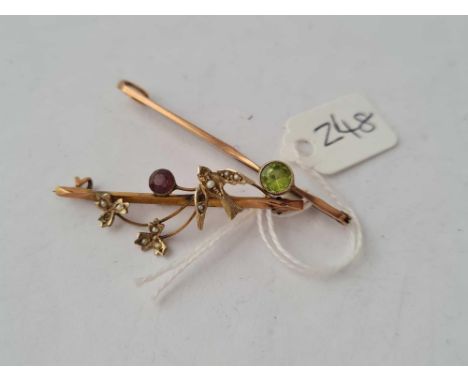 Two bar brooches being pearl and amethyst and one peridot 