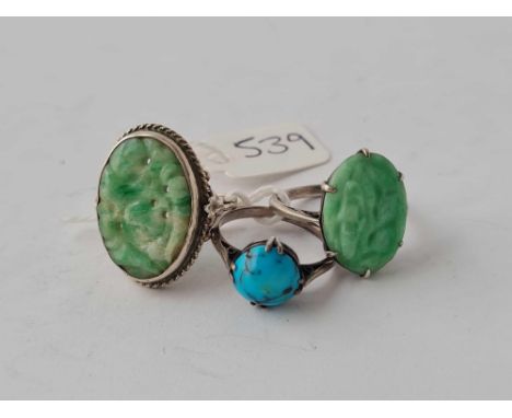 A arts and crafts silver ring set with turquoise matrix's and 2 vintage and silver jade rings 