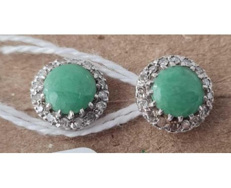 A GOOD PAIR OF JADE AND DIAMOND CLUSTER EARRINGS SET IN 18CT GOLD 