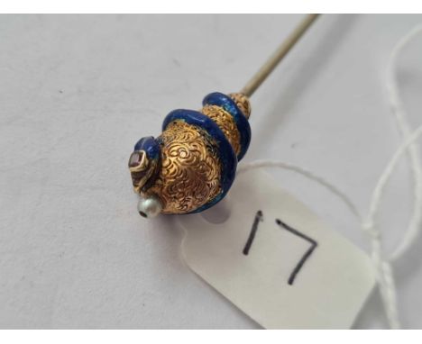 A Victorian gold snake stick pin set with pearl and enamel (AF) metal shaft 