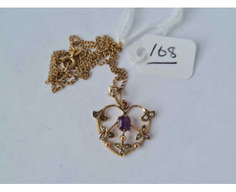 An amethyst and pearl 9ct pendant on 9ct chain 3g