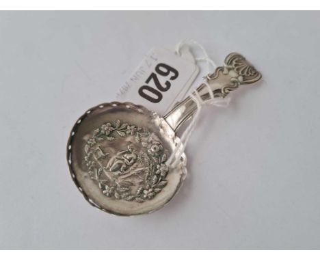 A Georgian caddy spoon the bowl embossed with a maiden and her dog B'ham 1817 by IB 
