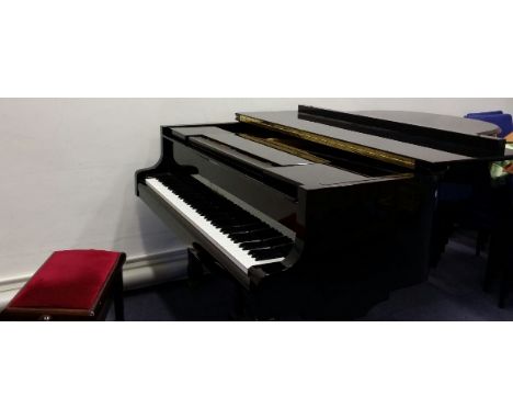 Blüthner (c1990) 
A 6ft grand piano in a bright ebonised case on square tapered legs, together with a red-upholstered adjusta
