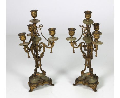 An attractive pair of 19th Century French ormolu and onyx marble three branch, four light Candelabra, each approx. 41cms (16"