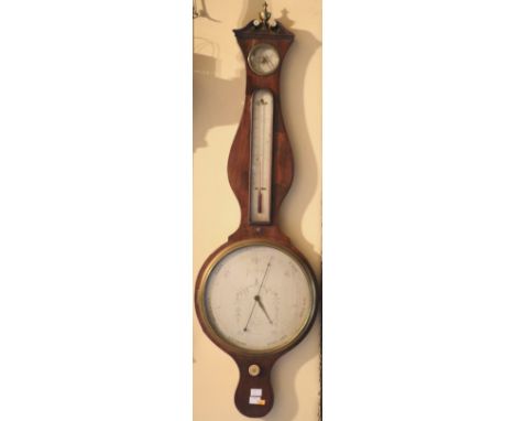 A good quality Georgian period mahogany Barometer, with swan neck pediment and brass finial surmounted by Jos. H. Gatty. (1)